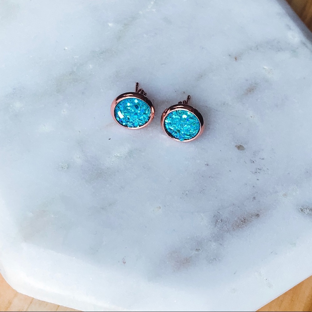 Rose Gold & Aqua Dainty Round Druzy Post Stud NEW - Picture 2 of 2